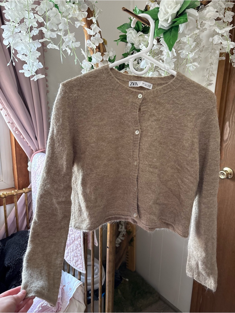 Zara Beige Taupe Cropped Button-Up Cardigan